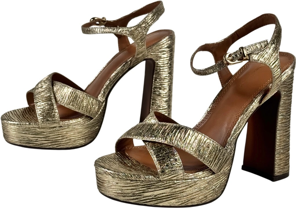 RIVER ISLAND STUDIO Metallic Gold Pleated Fabric Platform Heeled Sandals UK 6 EU 39 👠