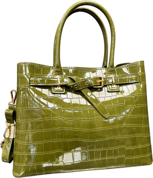 New Look Green Khaki Buckle Faux Croc Triple Compartment Tote Bag
