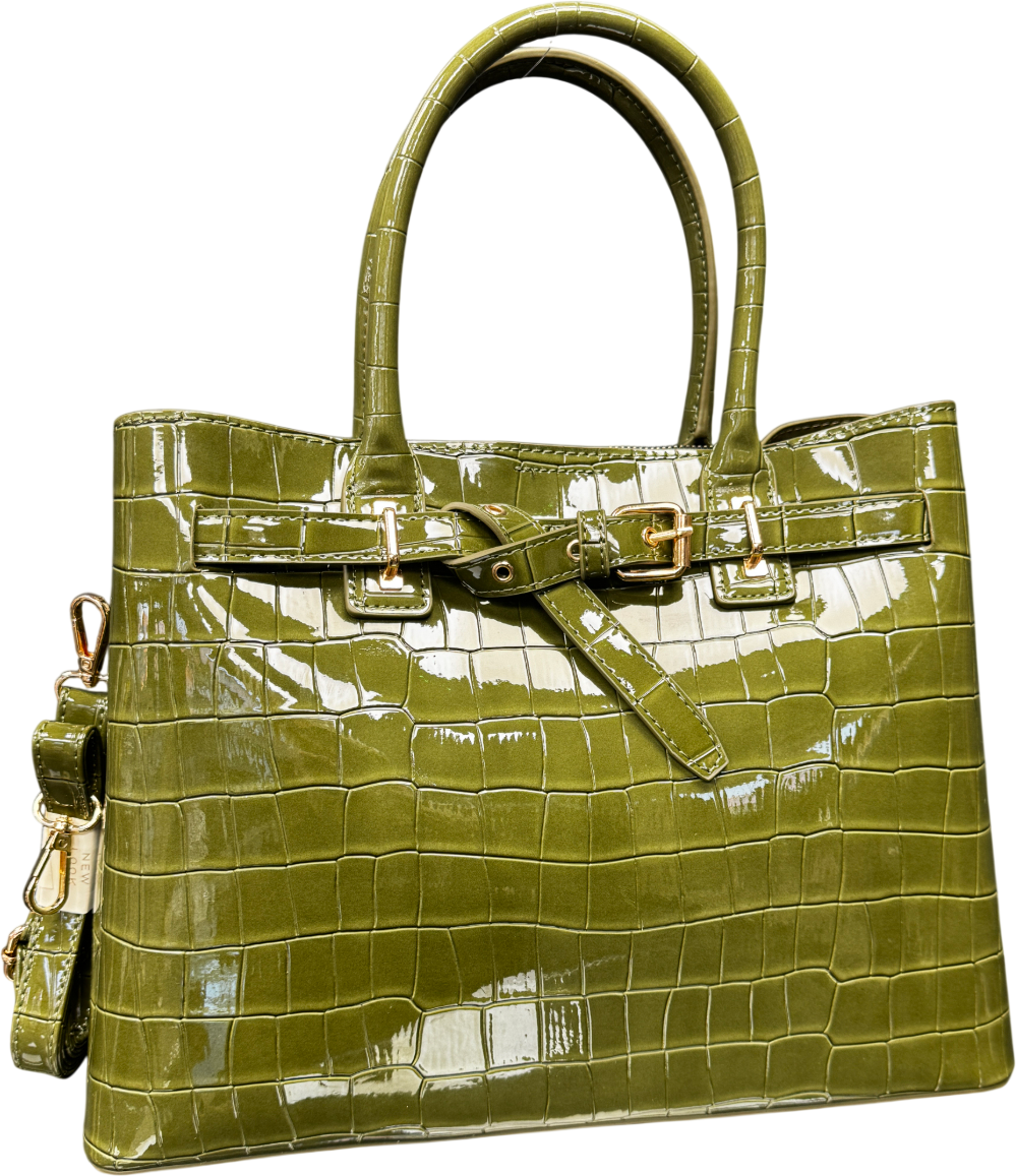 New Look Green Khaki Buckle Faux Croc Triple Compartment Tote Bag