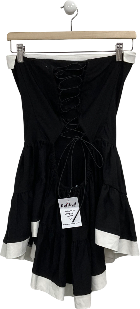 Ego Bandeau Contrast Lace Trim Tiered Mini Dress In Black Woven UK 12