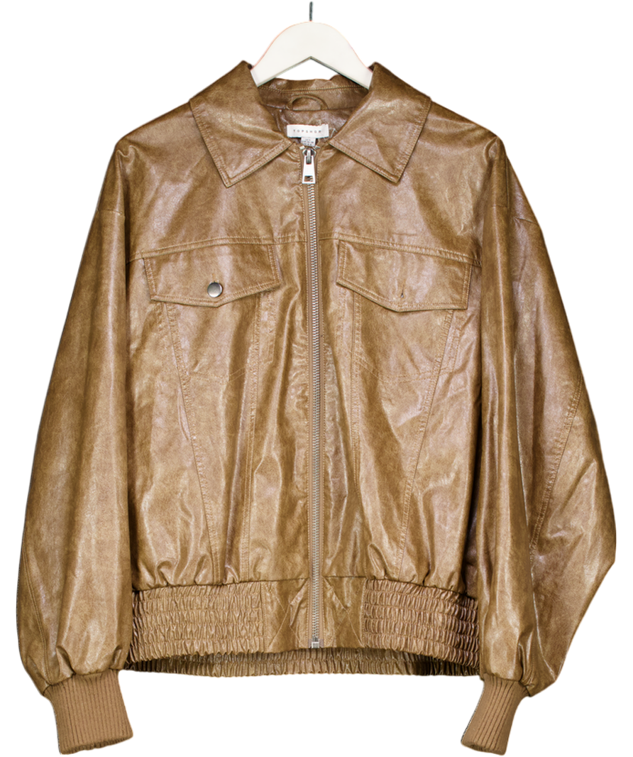 Topshop Brown Faux Leather Oversized Bomber Jacket In Tan UK S