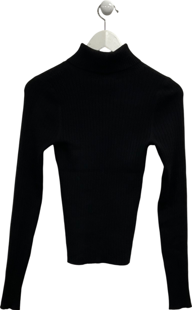 Next Black High Roll Neck Rib Knitted Jumper With Wool UK XS