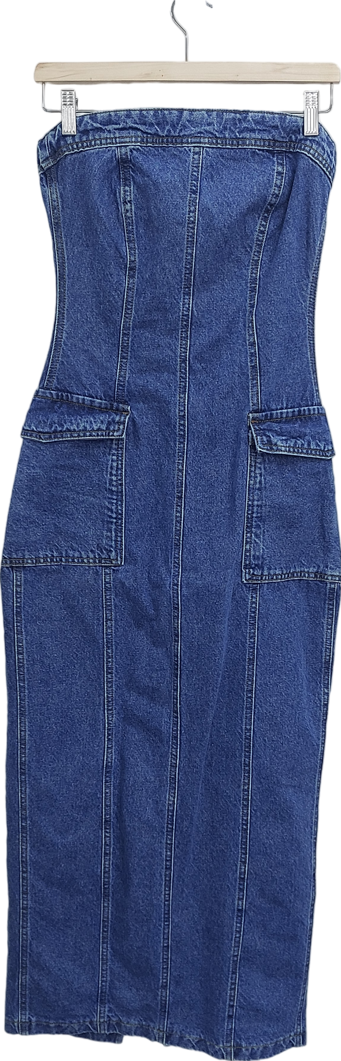 Warehouse Blue Bandeau Denim Cargo Maxi Dress UK 8