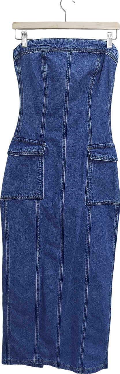 Warehouse Blue Bandeau Denim Cargo Maxi Dress UK 8