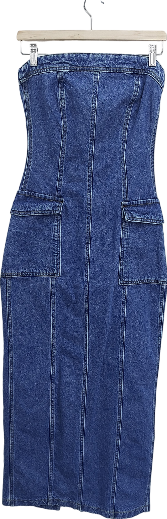 Warehouse Blue Bandeau Denim Cargo Maxi Dress UK 8