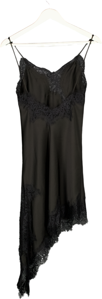 ZARA Black Satin & Lace Halterneck Asymmetric Slip Dress UK S