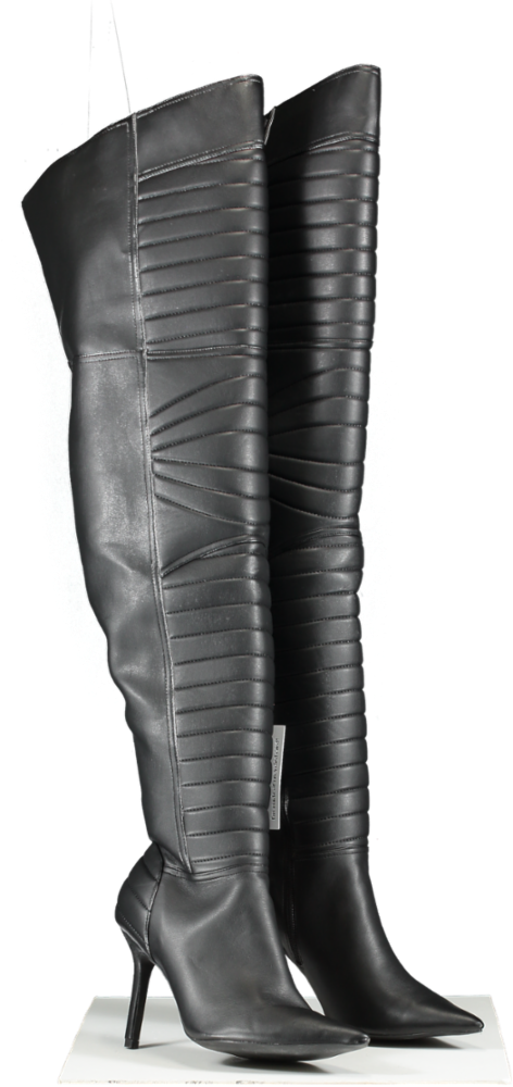 Nasty Gal Black Faux Leather Padded Motocross Thigh High Boots UK 7 EU 40 👠