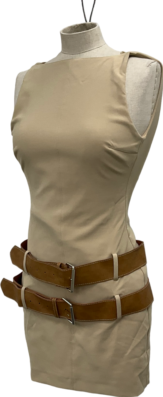 ZARA Short Fitted Dress With Double Belt Light Camel Beige UK 8