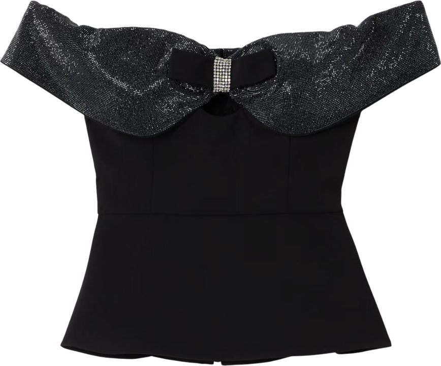 Self-portrait Black Off-the-shoulder Bow And Crystal-embellished Crepe Top UK 8