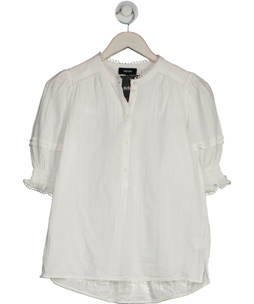 ME + EM White Cheesecloth Lace Trim Short Sleeve Blouse UK 6