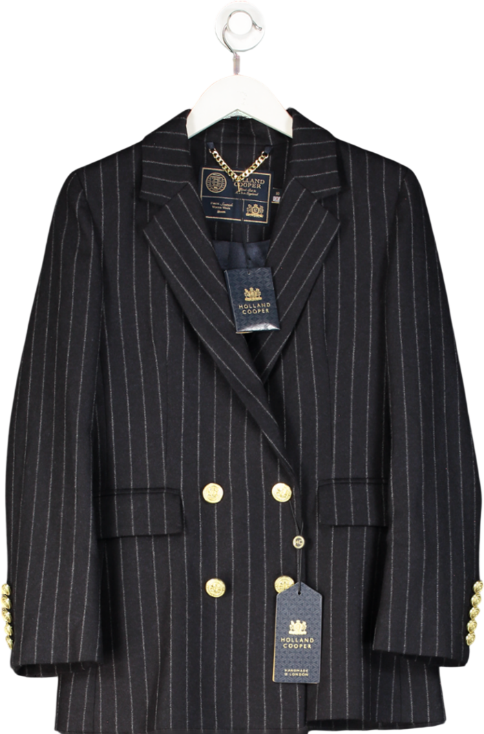 HOLLAND COOPER 100% Wool Blue Double Breasted Blazer Navy Blue / Chalk Pinstripe UK 10