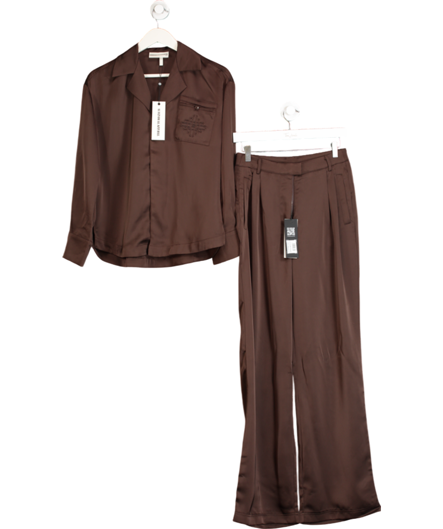 The Couture Club Brown 2-piece Satin Tailored Relaxed Shirt & Wide Leg Trouser Co-ord Set Deep Chocolate UK 6