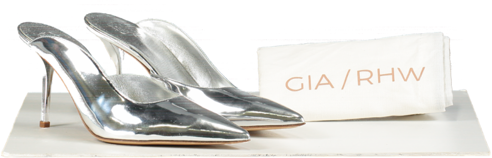 Gia Borghini Silver 85mm Abella mirror faux leather mules UK 6