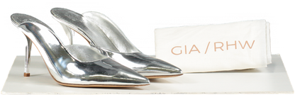 Gia Borghini Silver 85mm Abella mirror faux leather mules UK 6