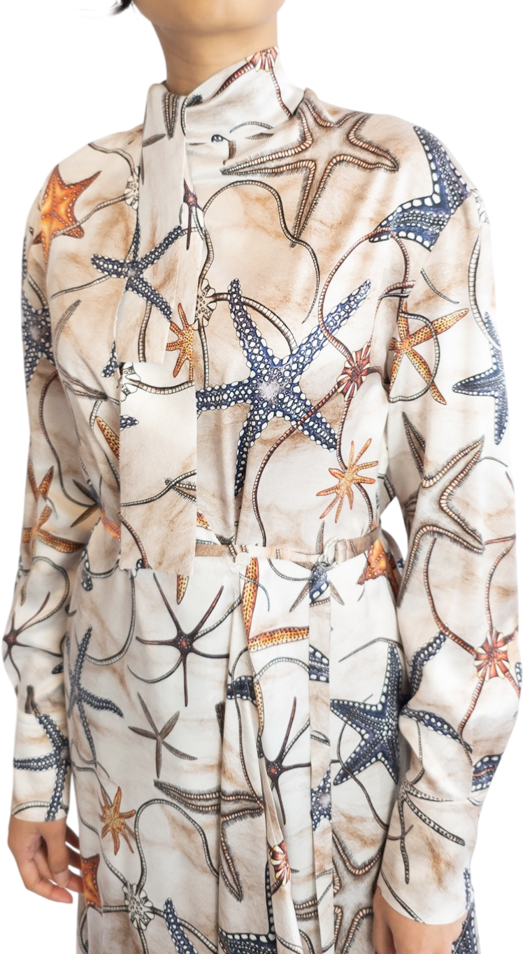 AQUA & ROCK Beige Stella Marine Silk Printed Wrap Dress UK XL