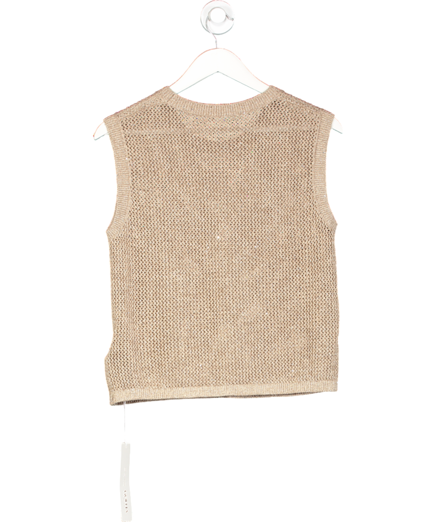 GOELIA Beige Linen Sequin-embellished Women Open-knit Tank Top UK M