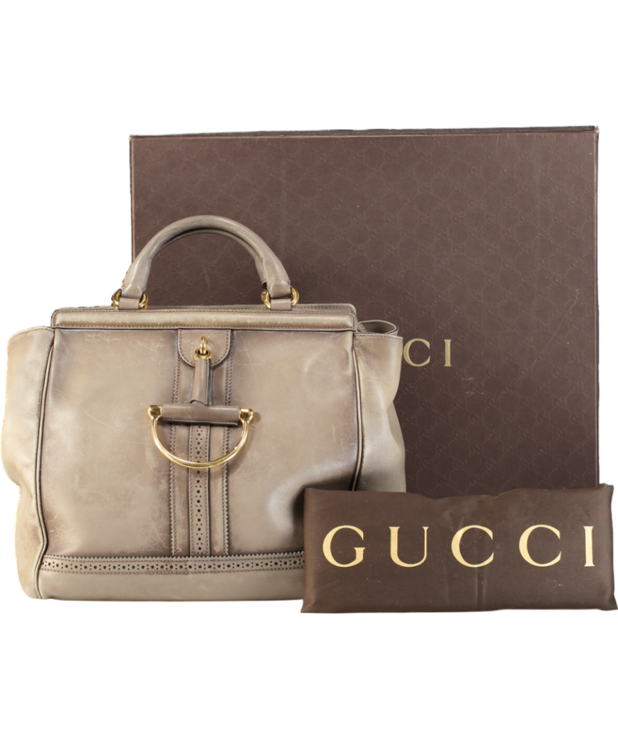 GUCCI Taupe Leather Duilio Brogue Satchel Handbag