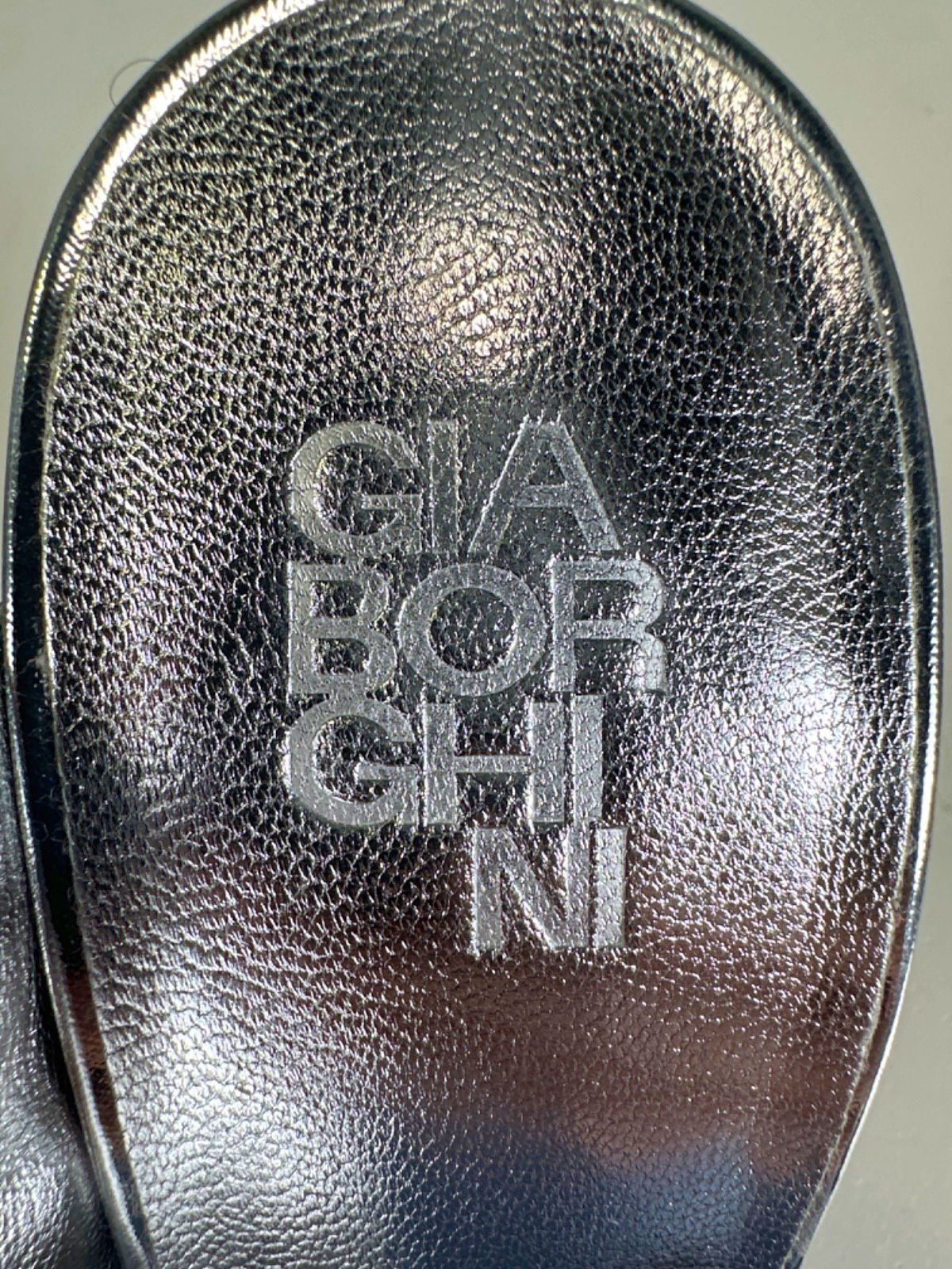 Gia Borghini Silver 85mm Abella mirror faux leather mules UK 6