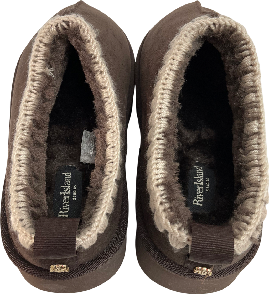 River Island Brown Suedette Faux Fur Platform Mules UK 4 EU 37 👠