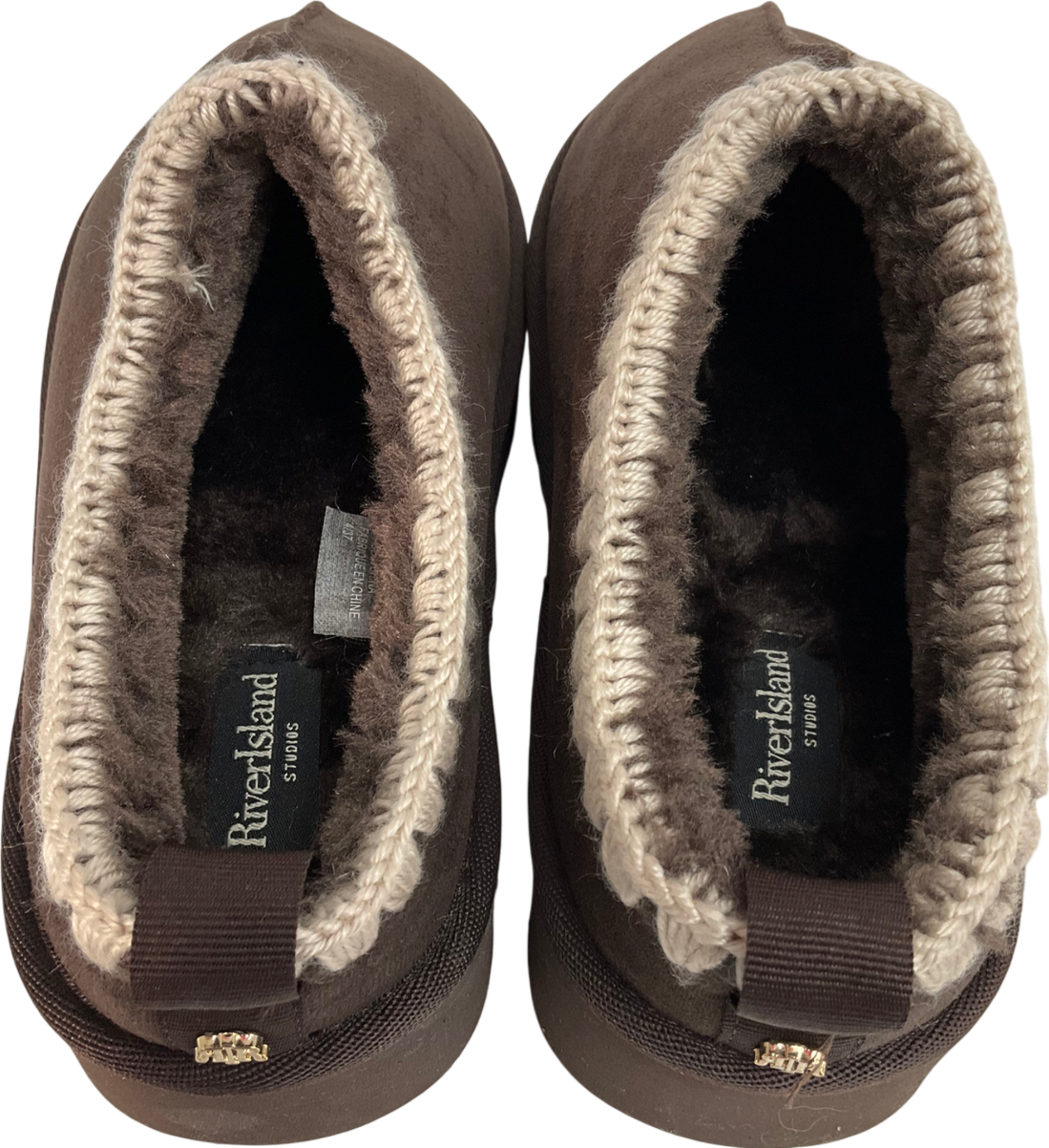 River Island Brown Suedette Faux Fur Platform Mules UK 4 EU 37 👠