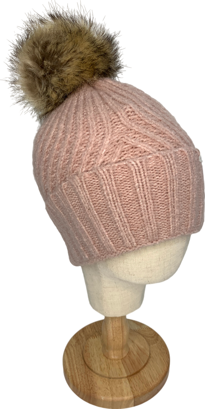Treasure & Bond Pink Knitted Beanie Hat With Faux Fur Bobble One Size