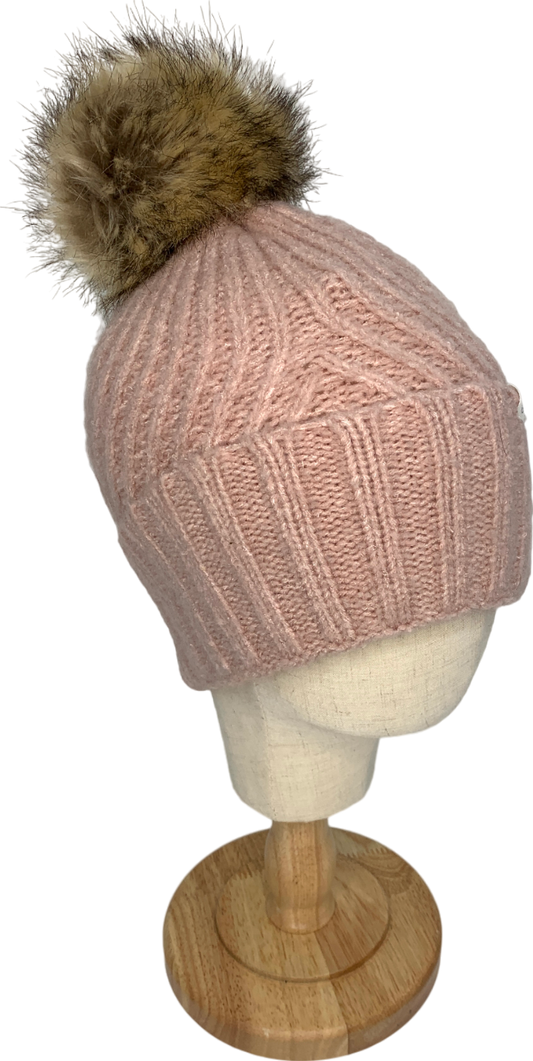 Treasure & Bond Pink Knitted Beanie Hat With Faux Fur Bobble One Size
