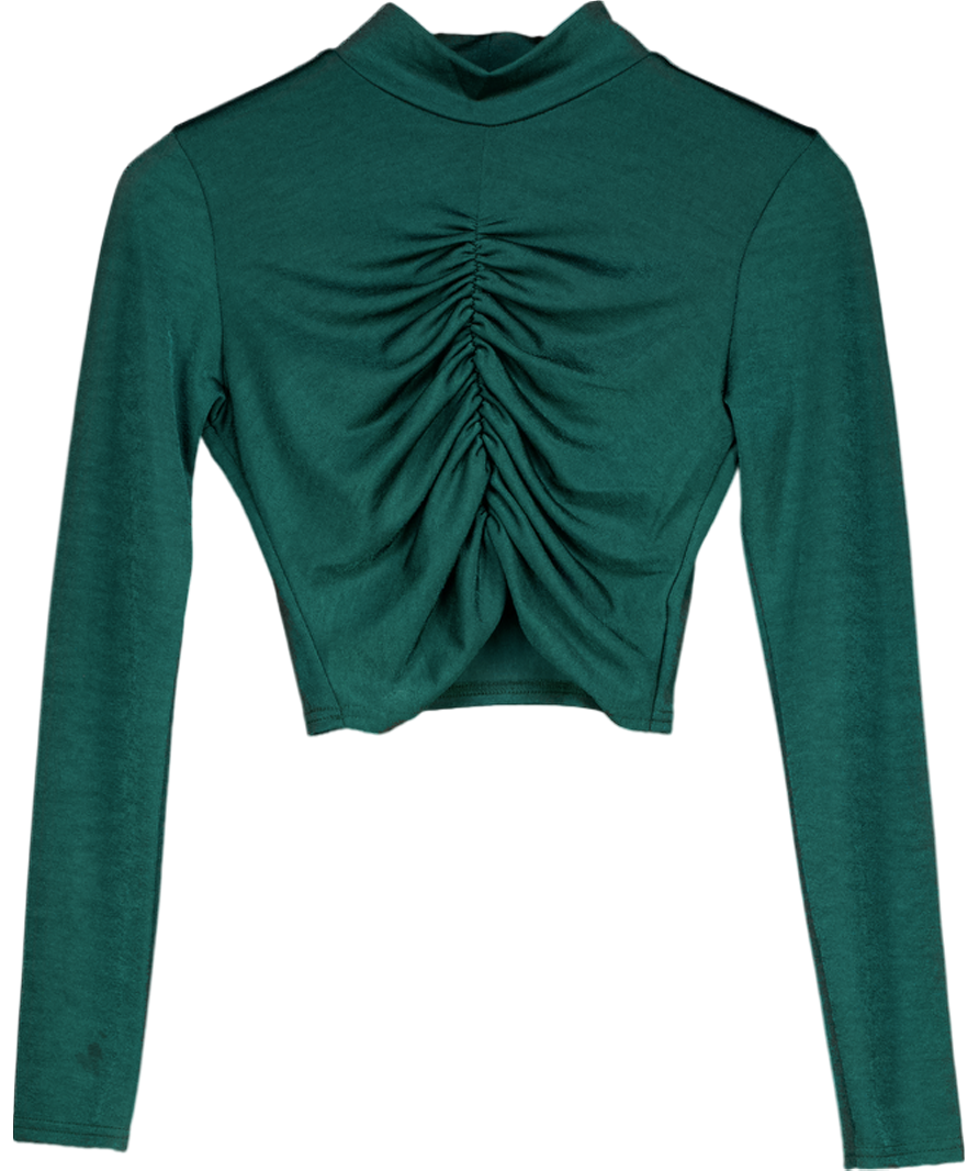 Pink Vanilla Green Slinky Ruched Long Sleeve Crop Top UK M