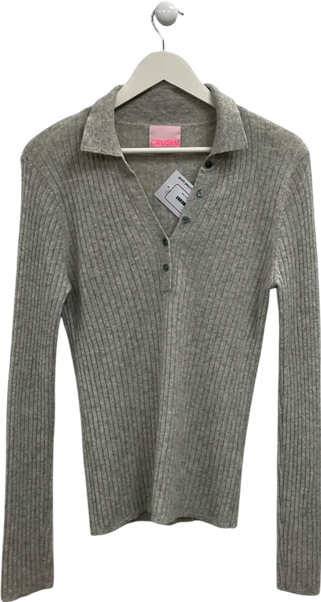 Crush Cashmere Beige Cashmere Ribbed V Neck Collared Sweater UK S