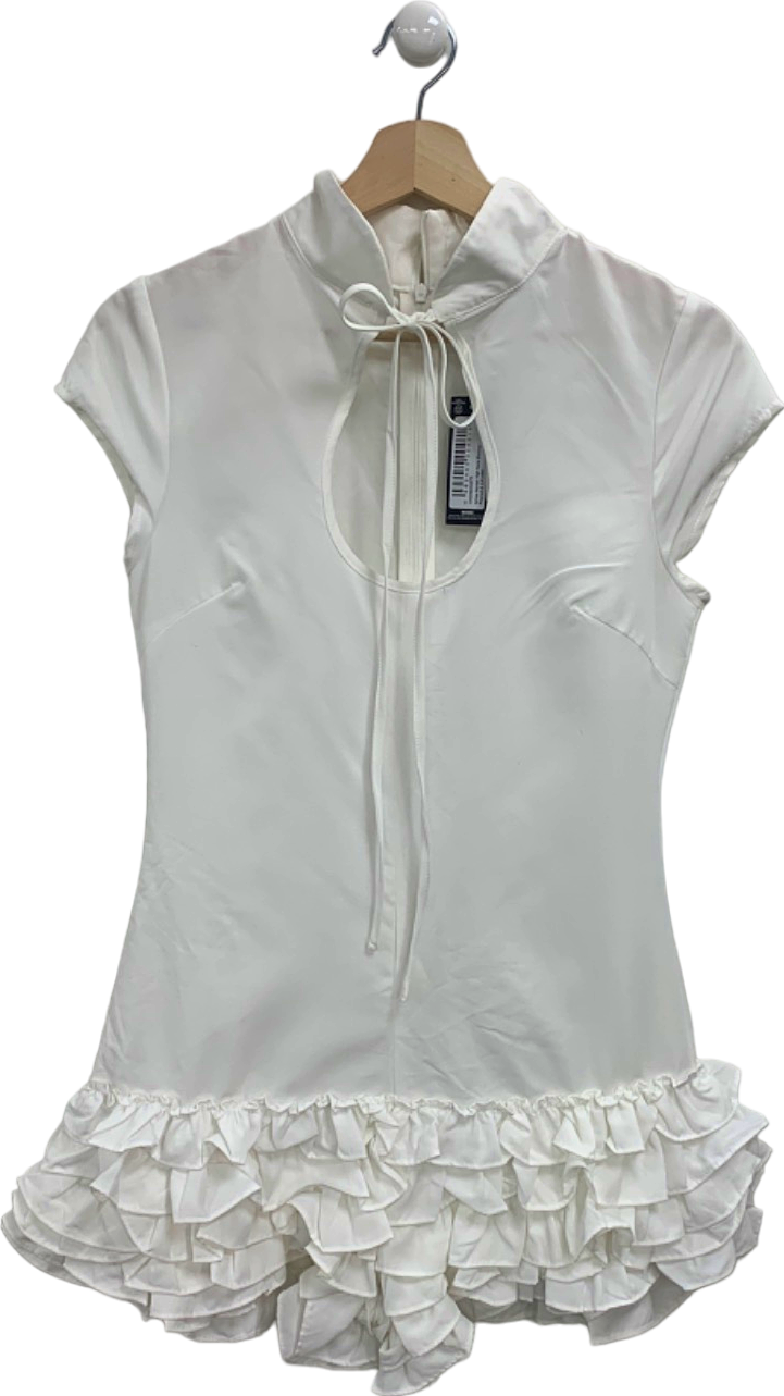 PrettyLittleThing White Woven High Neck Bloomer Playsuit UK 8