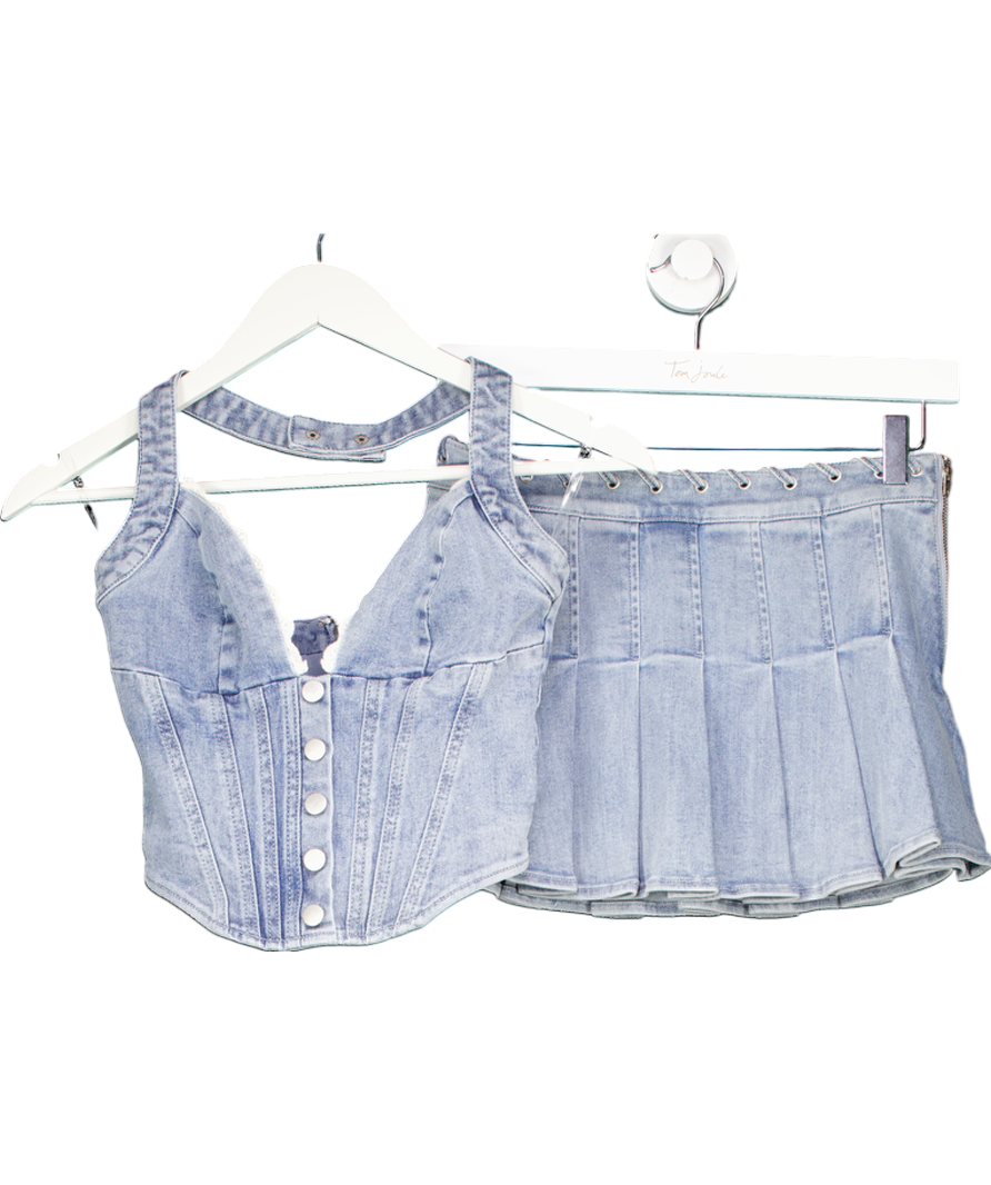 Oh Polly Blue Lotta Halterneck Corset Top And Laika Low-rise Pleated Mini Skirt UK 6