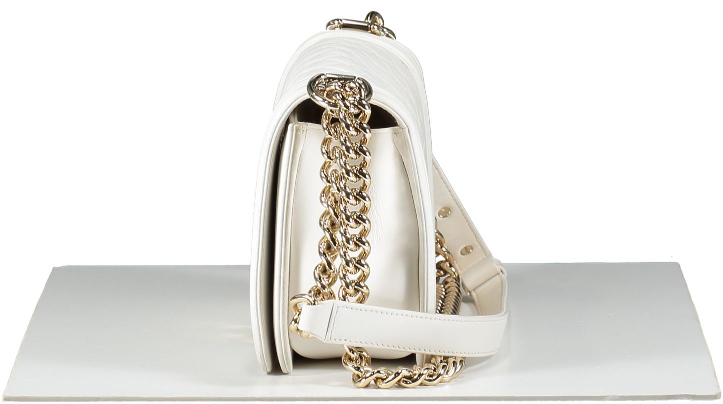 Chanel White Calfskin & Gold-tone Metal Medium Boy Bag