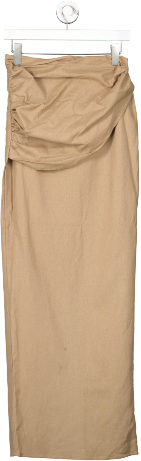 PrettyLittleThing Brown Linen Look Ruched Detail Maxi Skirt UK 10