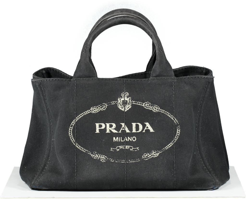 PRADA Black Canapa Canvas Small Tote Bag With Crossbody Strap