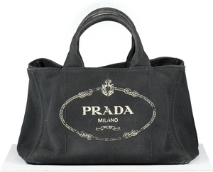 PRADA Black Canapa Canvas Small Tote Bag With Crossbody Strap