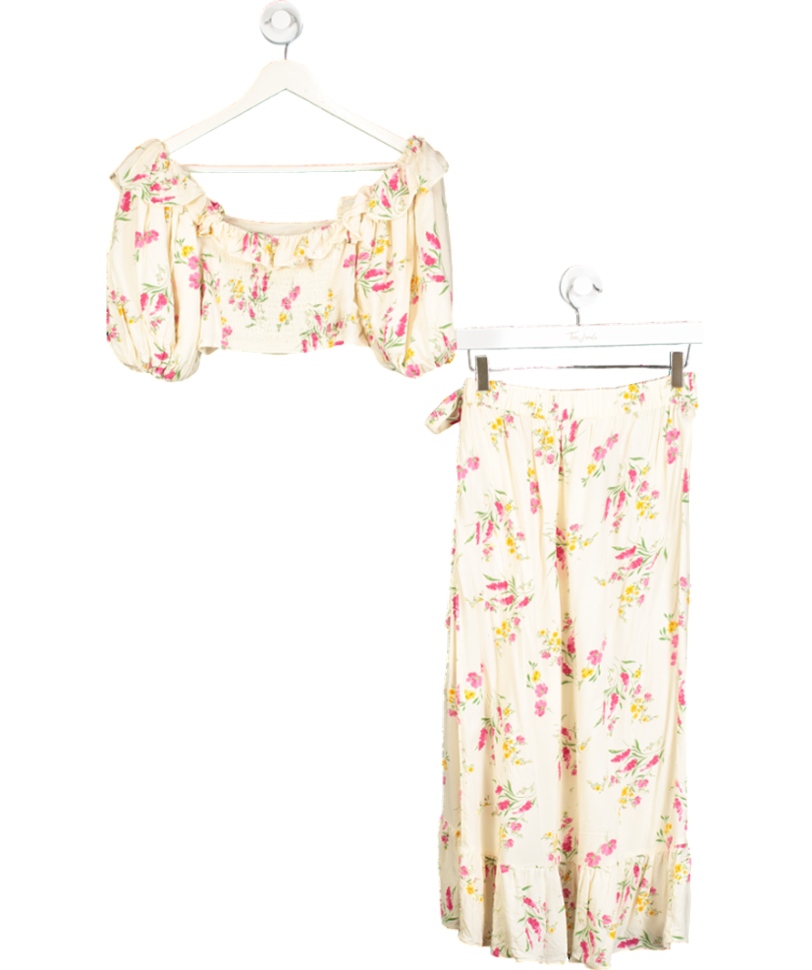 River Island 2-piece Cream Floral Puff Sleeve Crop Top And Wrap Midi Skirt Set. UK 10