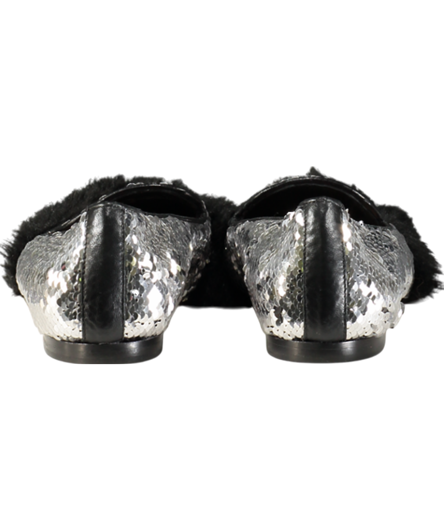 JF London Black Sequin Fur Flat Pumps UK 6 EU 39 👠