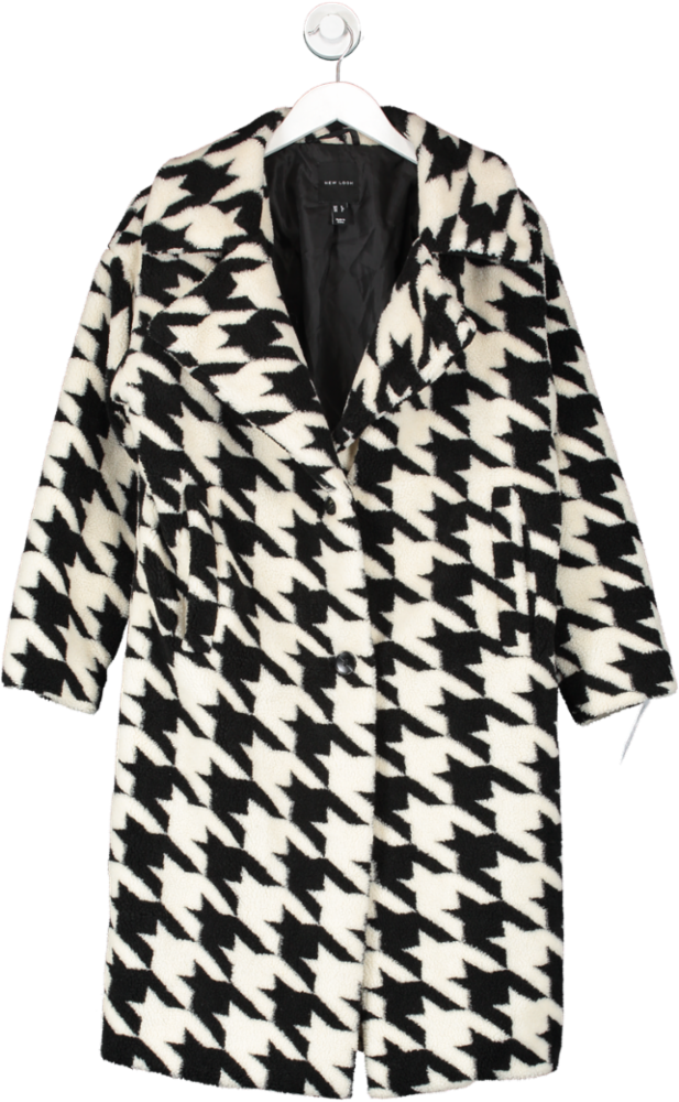 New Look Black Teddy Coat In Dogtooth Pattern UK 8