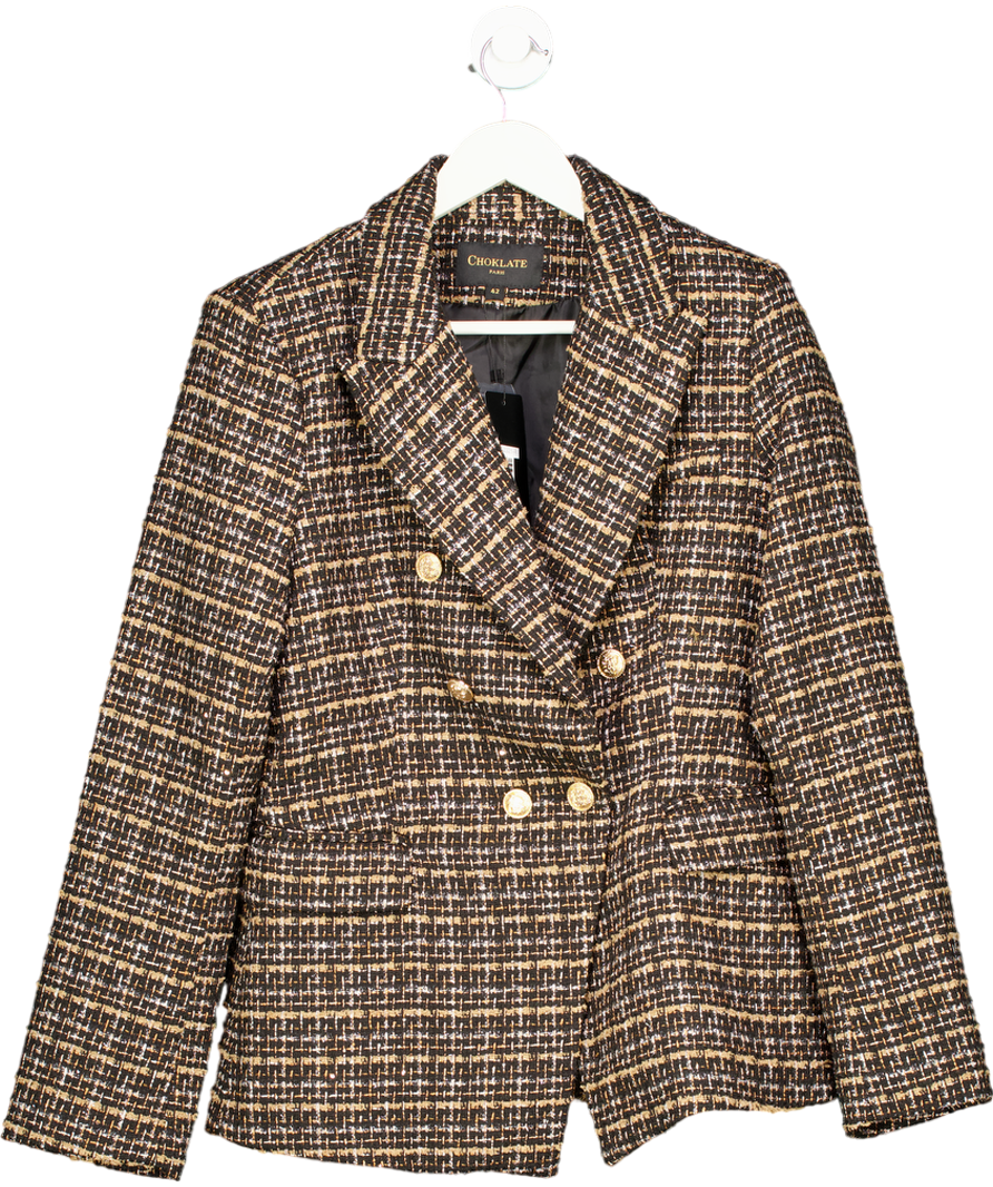 Chocklate Paris Black Double-breasted Blazer Jacket In Golden Thread Tweed UK 14