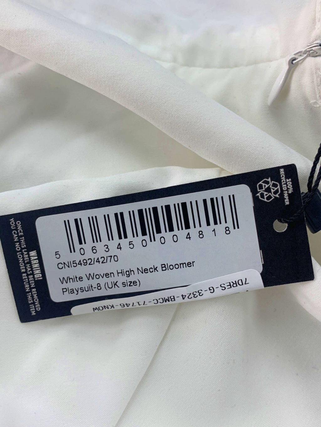 PrettyLittleThing White Woven High Neck Bloomer Playsuit UK 8