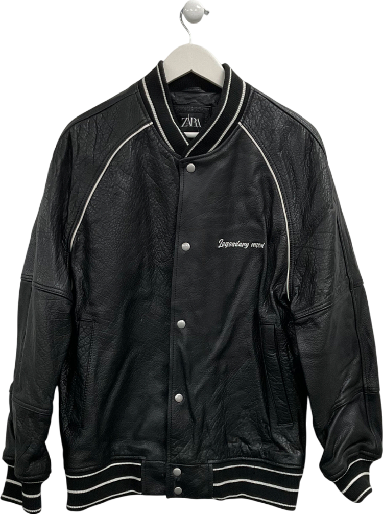 ZARA Black Legendary Mood Oversized Leather Varsity Jacket UK M