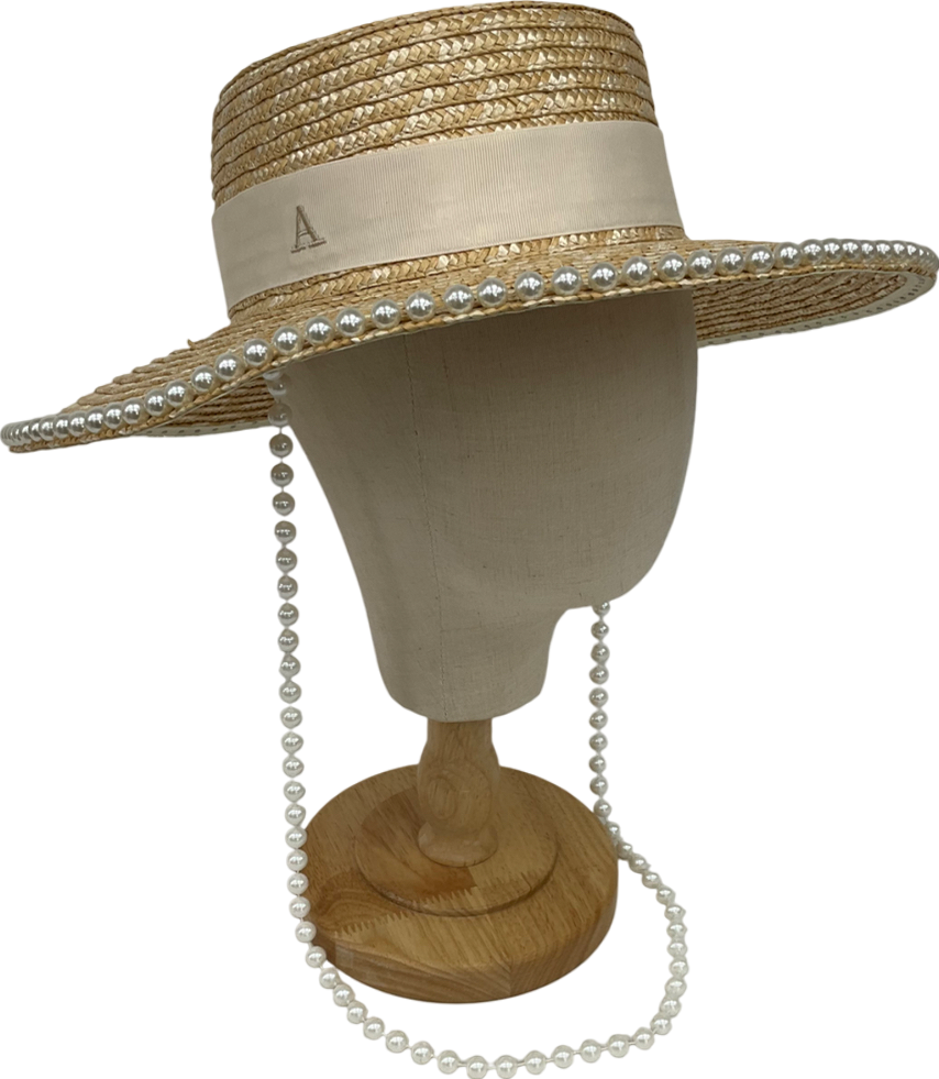 Boutique Bonita Beige Pearl Embellished Straw Hat With Embroidered ‘a’ One Size