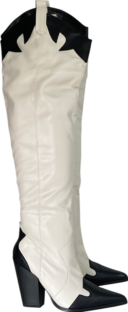 Public Desire White Brandy Stone Western Block Heeled Knee High Boots UK 5 EU 38 👠