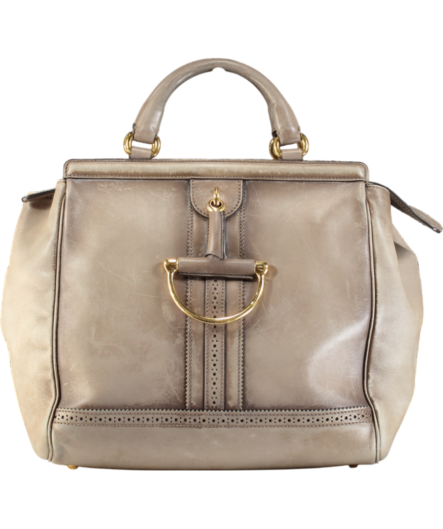 GUCCI Taupe Leather Duilio Brogue Satchel Handbag