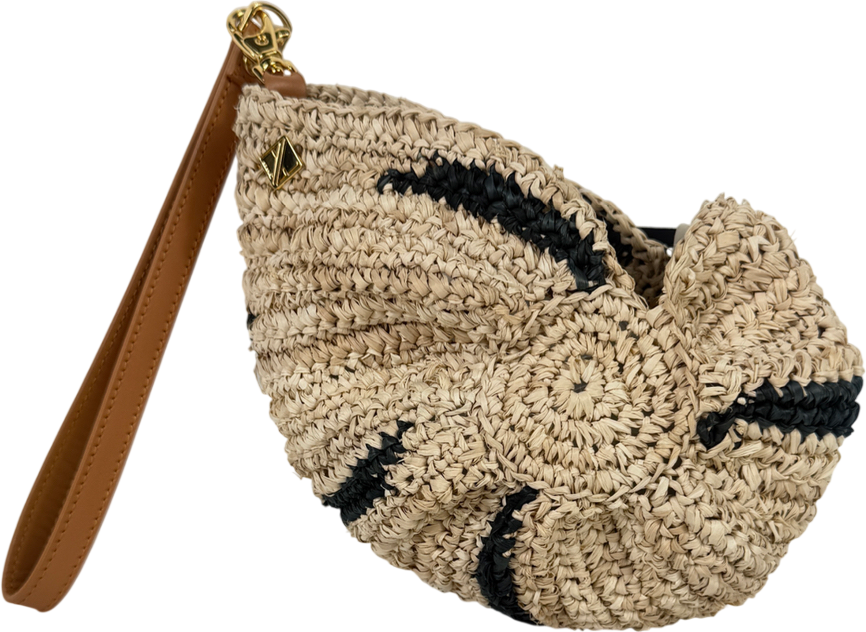 Aranaz Cream Concha Shell Raffia Clutch with Wrist Strap