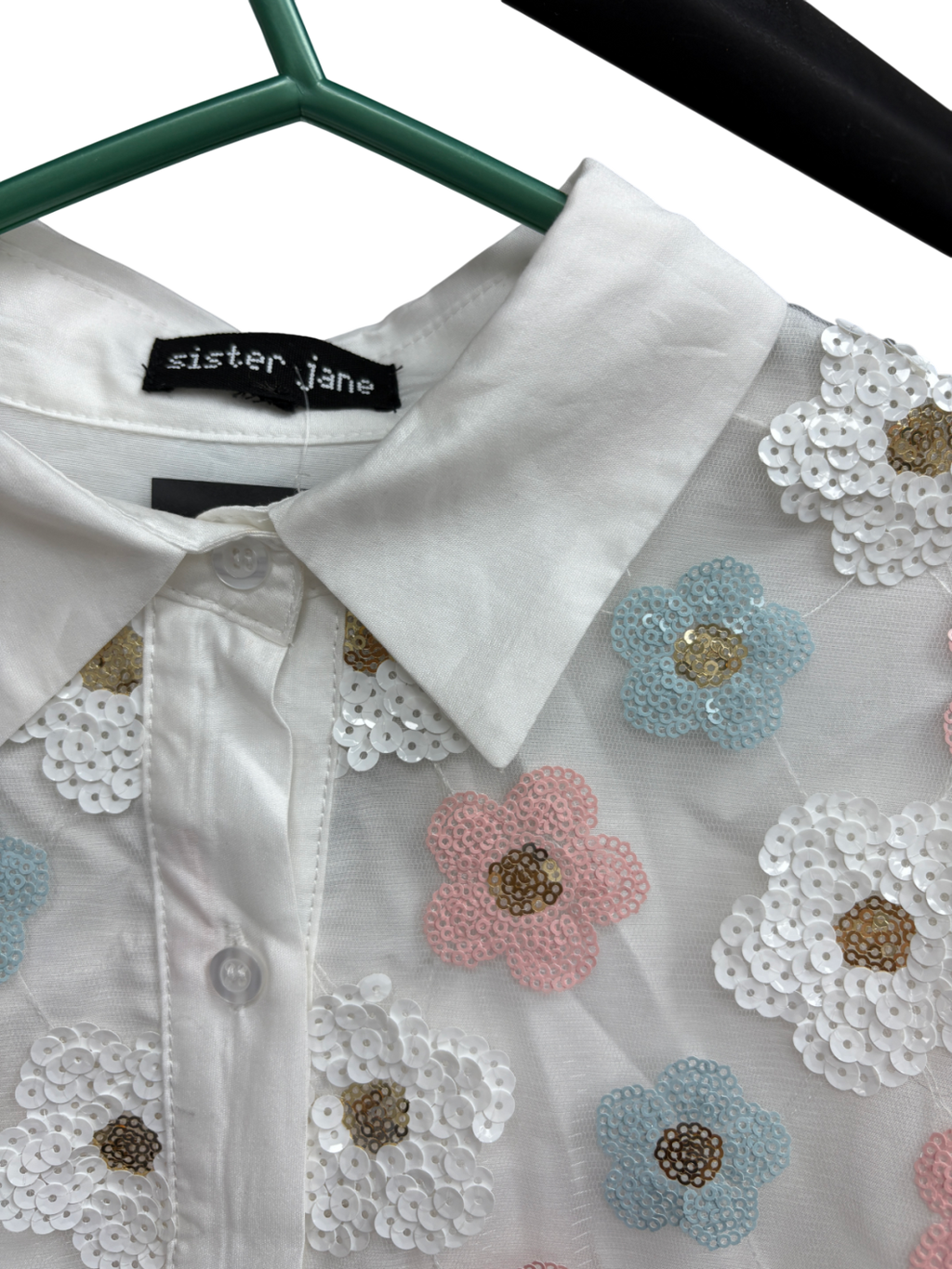 Sister Jane White Floral Embellished Sequin Shirt One Size