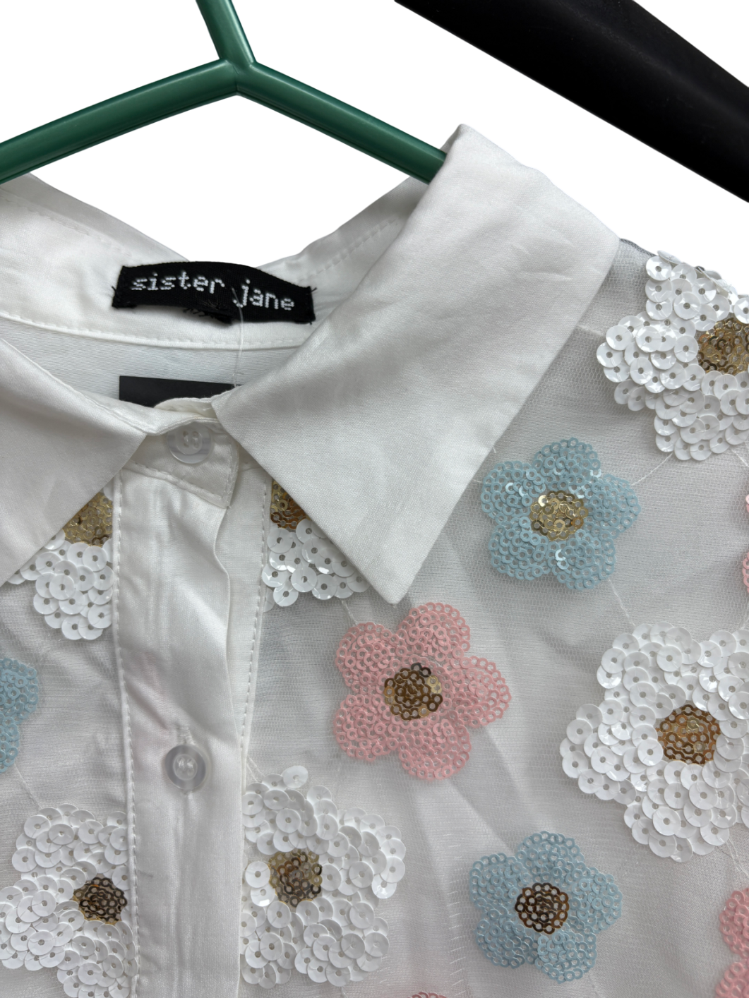 Sister Jane White Floral Embellished Sequin Shirt One Size