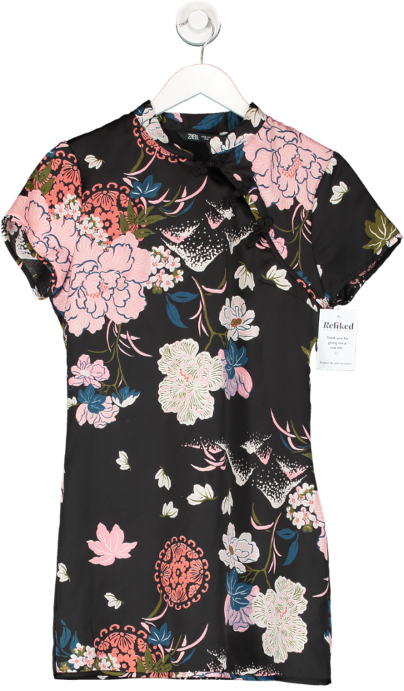 ZARA Black Satin Floral Mandarin Style Mini Dress UK M