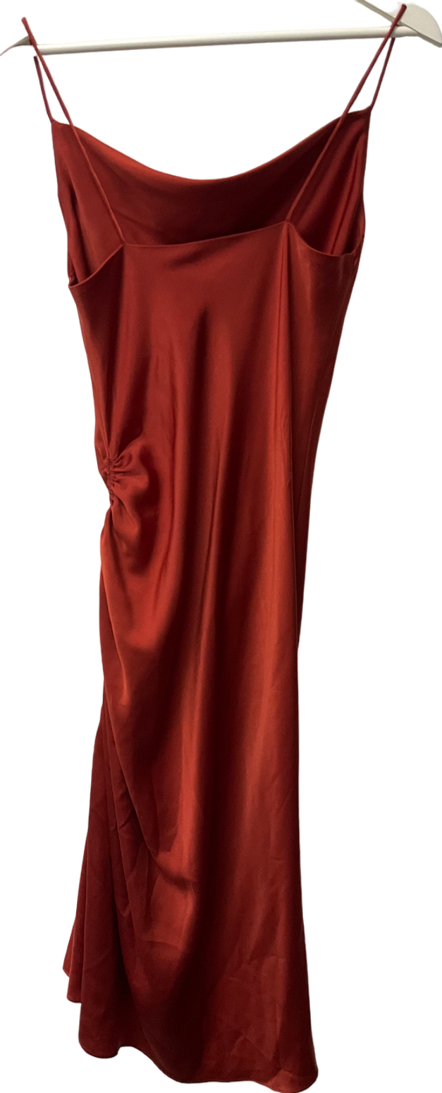 ZARA Rust Red Bias Cut Satin Side-ruched Slip Dress UK 8