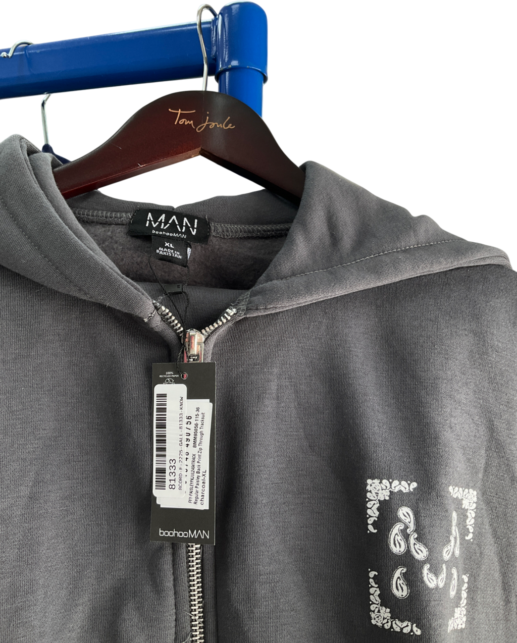 boohooMan Grey Regular Paisley Back Print Zip Through Tracksuit UK XL