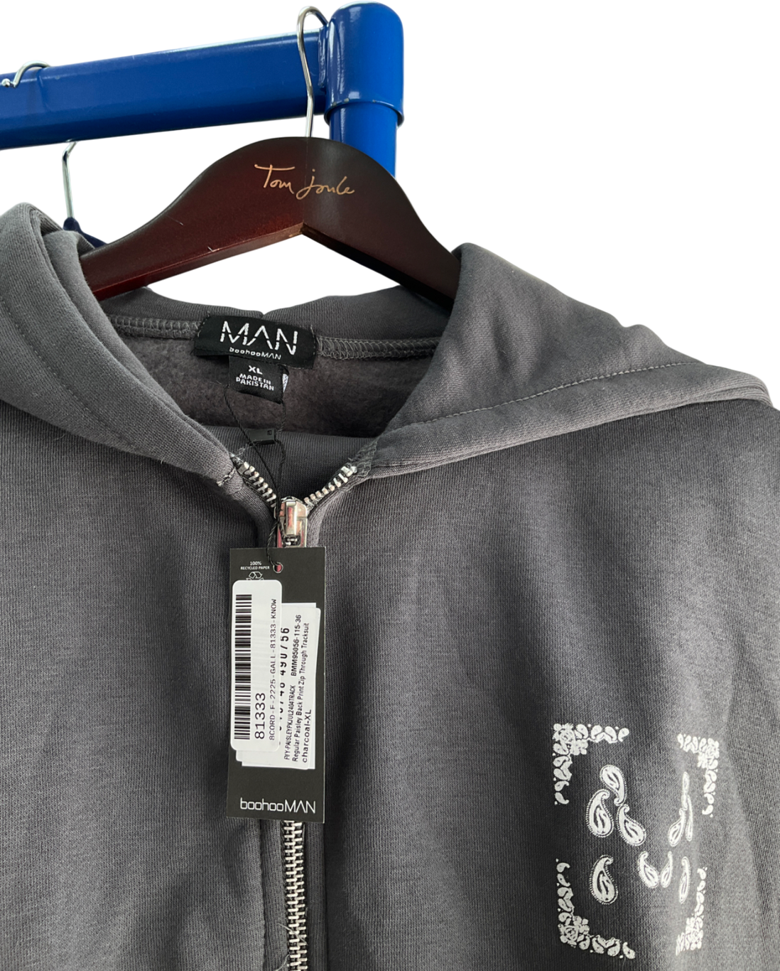 boohooMan Grey Regular Paisley Back Print Zip Through Tracksuit UK XL
